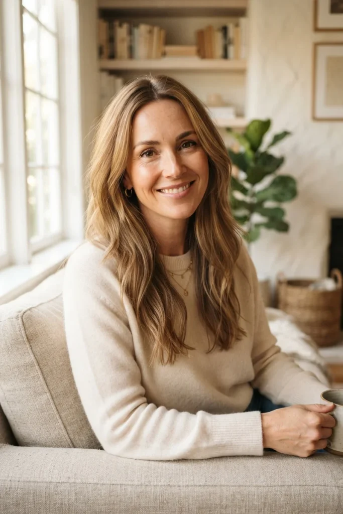 Woman with an oval face shape and long soft layered hairstyle smiling at home