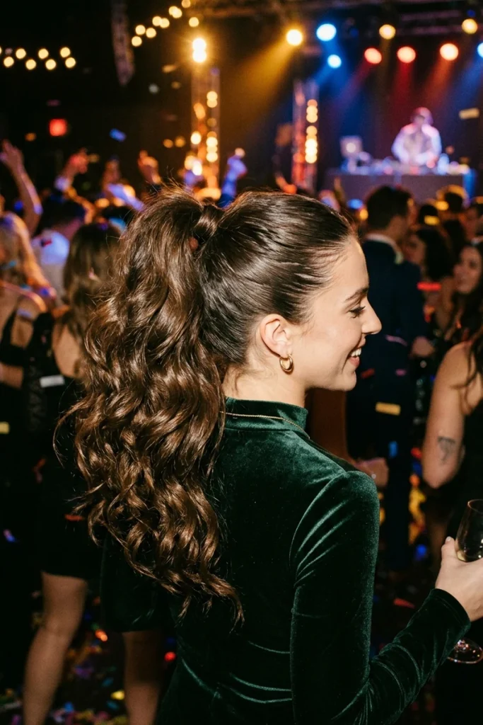 High party ponytail with cascading curls at a countdown celebration