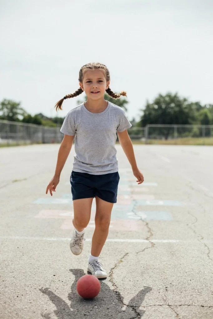 French-braided pigtails on a young girl playing at recess