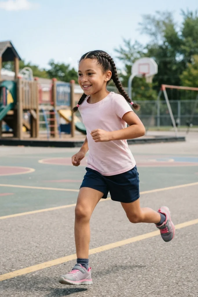 Two tight braids on a young girl running at recess