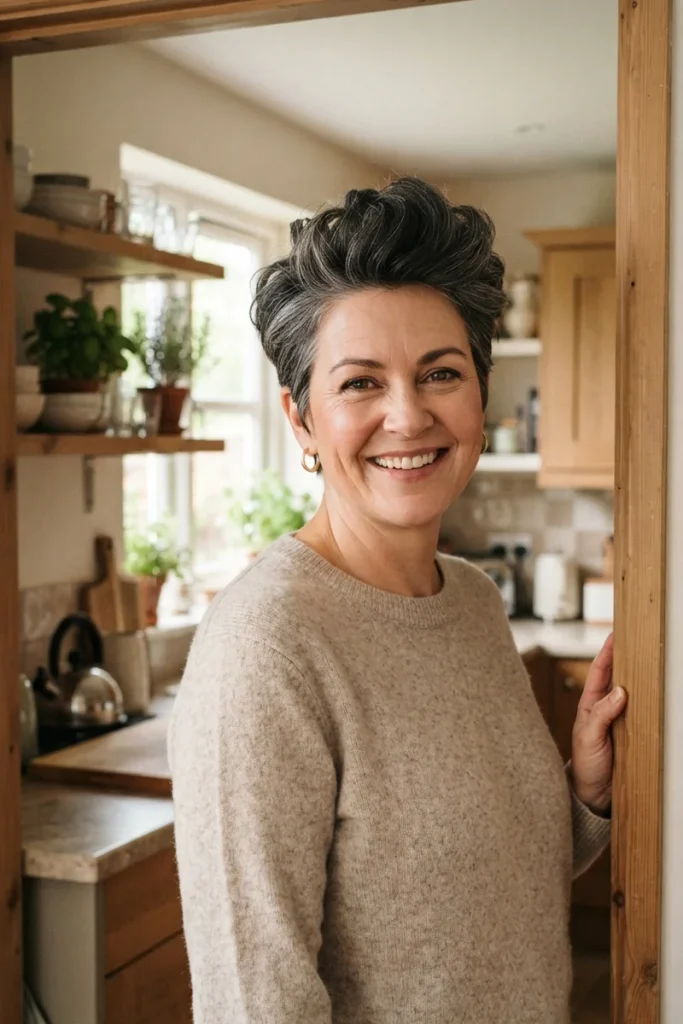 Woman with a fuller jawline and short pixie crop haircut with volume at the crown, smiling in a kitchen