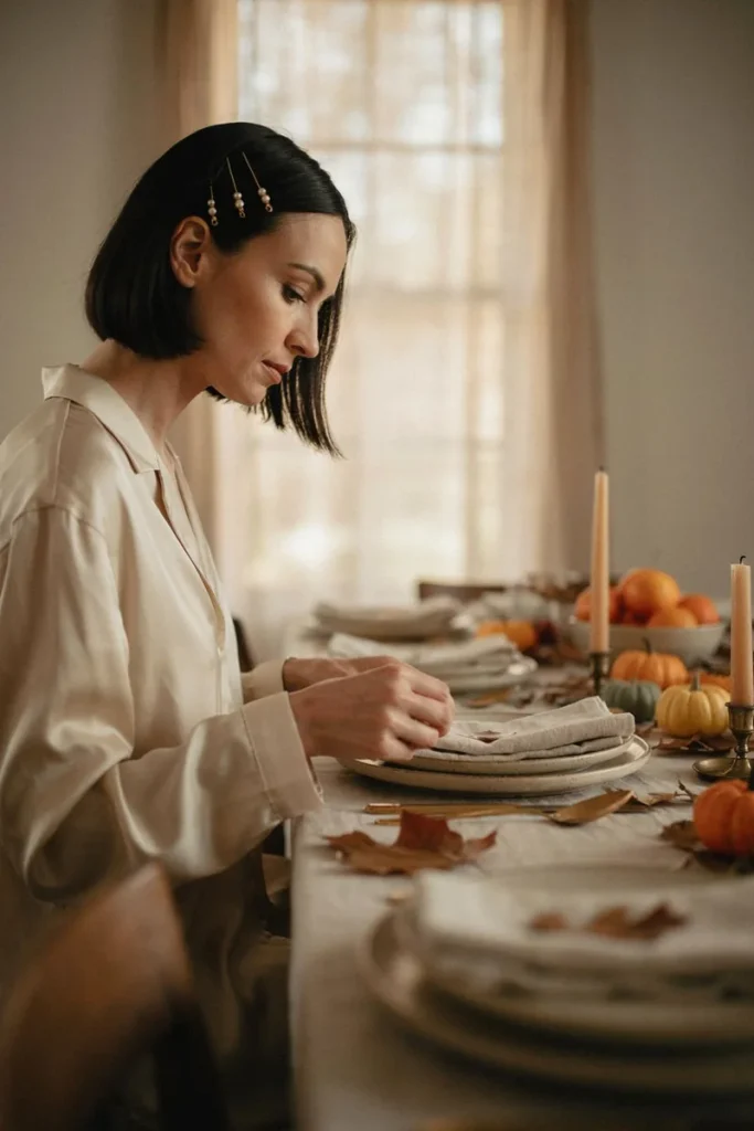 Chin-length black bob pinned back with three pearl bobby pins, woman setting a Thanksgiving table