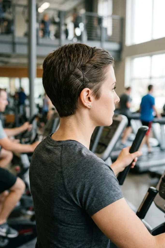 Pixie cut with crossed bobby pins sweeping hair back for cardio