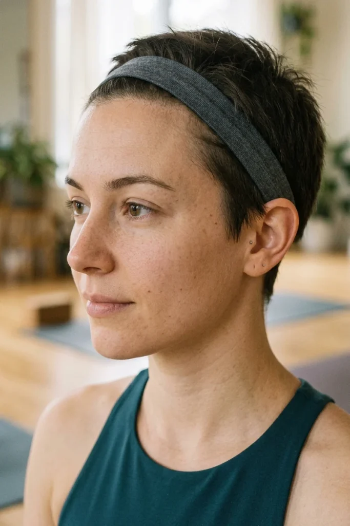 Pixie cut with a headband pushed back for a yoga workout