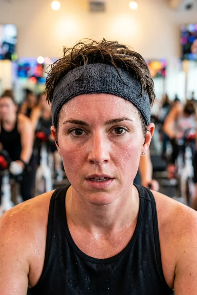 Sweatband worn low across the forehead during a spin class