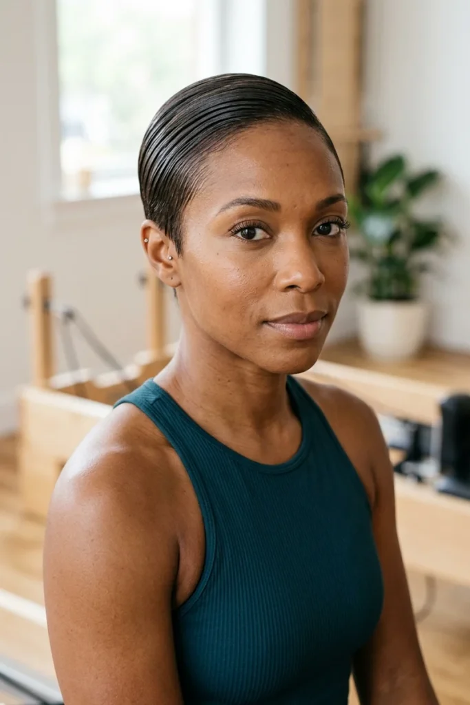 Pixie hair slicked back with texturizing paste before Pilates