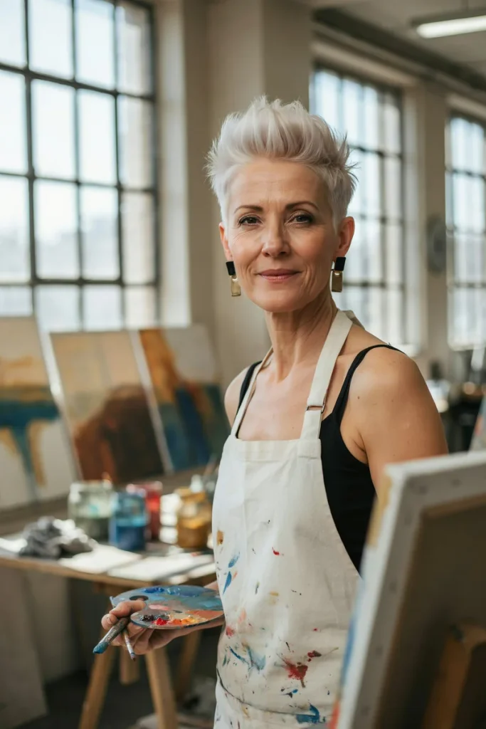 Platinum spiky pixie cut with short sides on a smiling woman over 50 holding a paint palette in an art studio