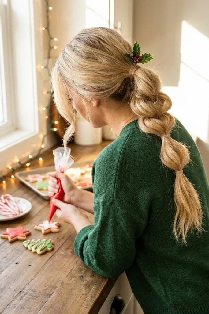 Voluminous pull-through braid with a holly sprig on blonde hair, woman decorating Christmas cookies in a cozy kitchen