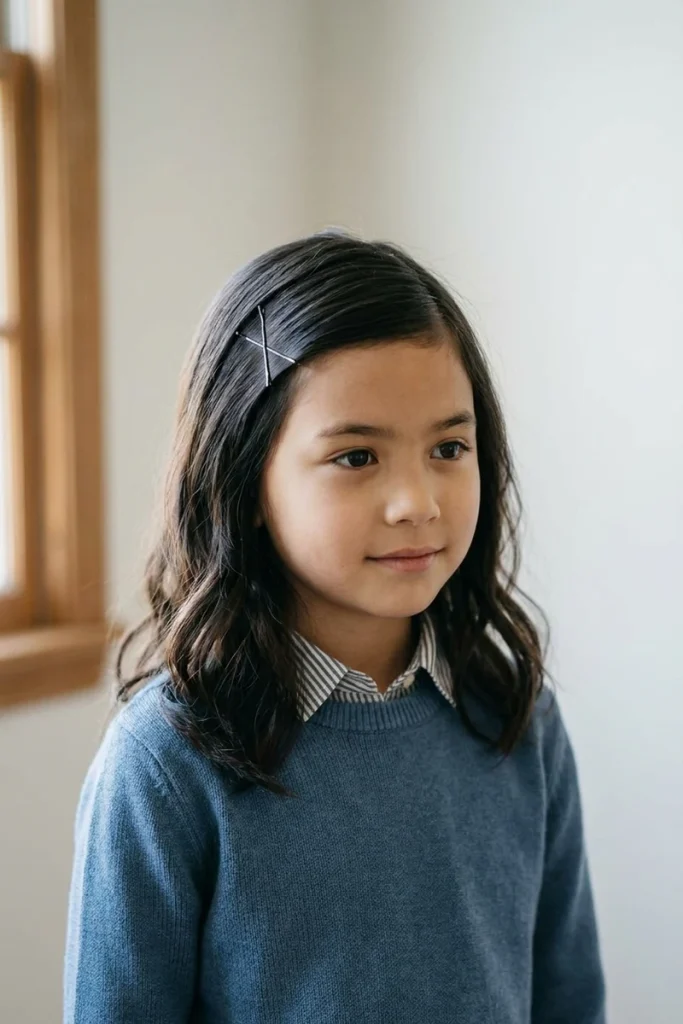 Crossed bobby pins sweeping a young girl's hair back for school