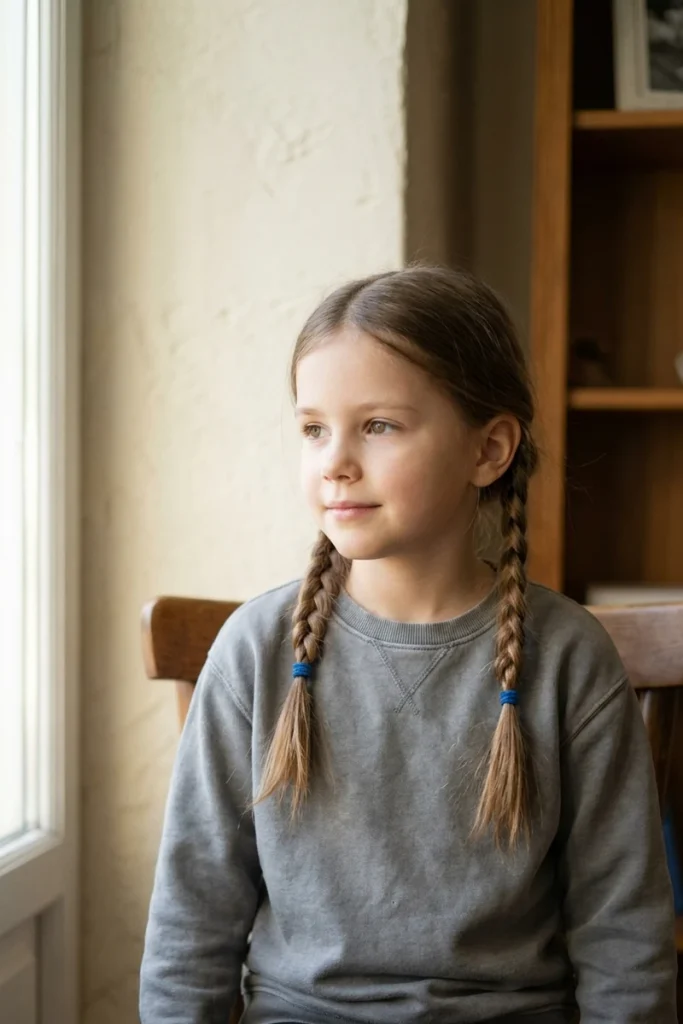 Basic double braided pigtails on a young girl for everyday school wear