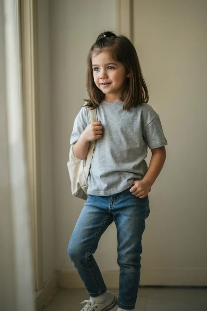 Half-up clip hairstyle on a young girl getting ready for a low-activity school day