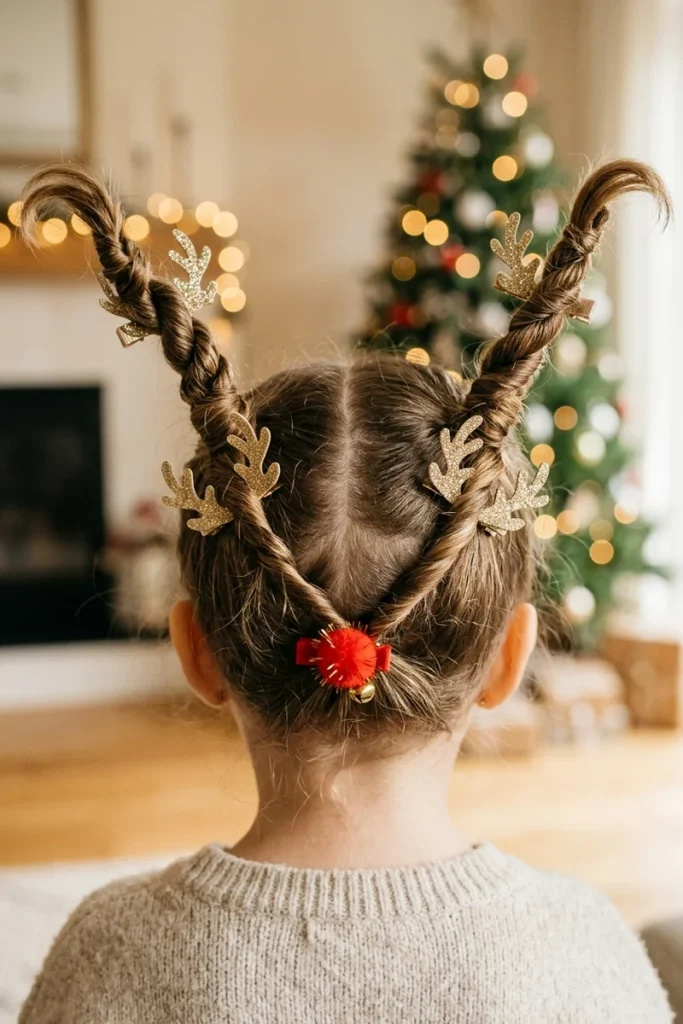 Child's twisted pigtails styled as reindeer antlers with gold antler clips and red pom-pom