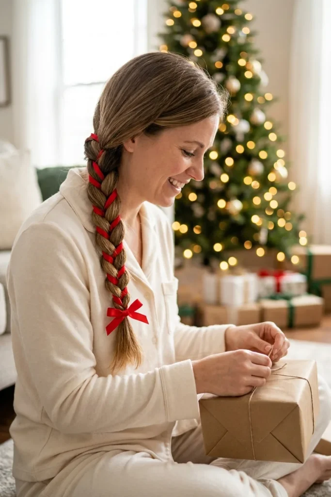 Ribbon-woven candy cane braid with a red bow on light brown hair, woman in pajamas unwrapping a gift on Christmas morning