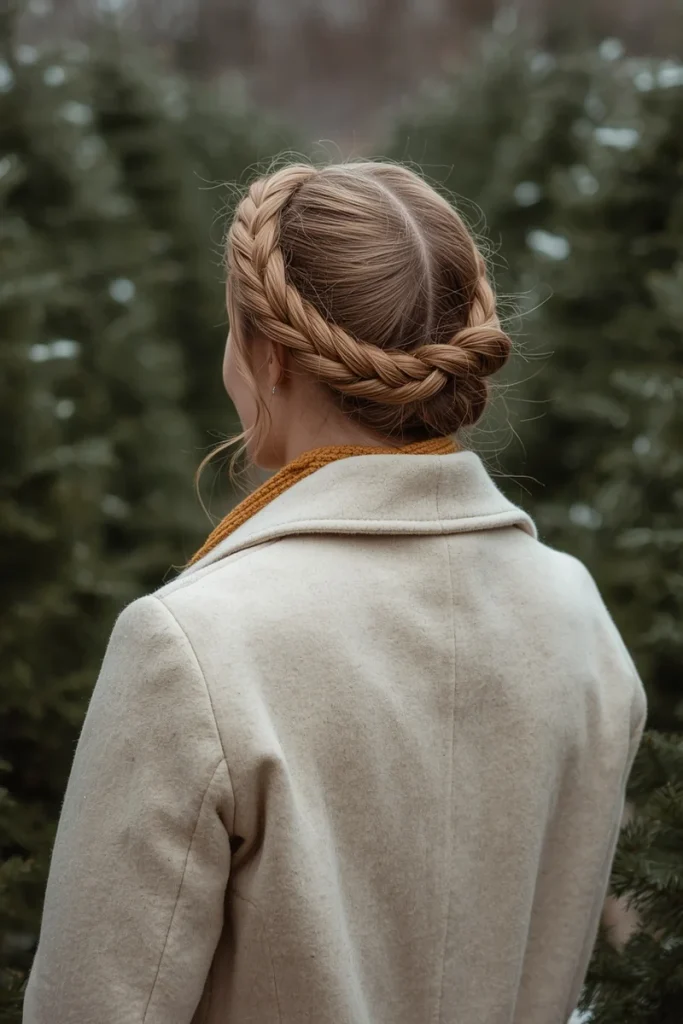 Rope-twist crown updo on long light brown hair with twisted sections wrapped around the head, woman at a Christmas tree farm