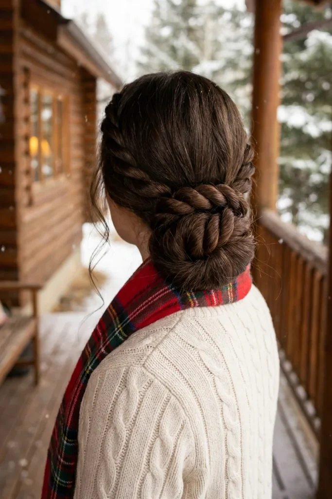 Rope-twist low bun on long dark brown hair with twisted texture, woman in a cream sweater and plaid scarf on a snowy cabin porch