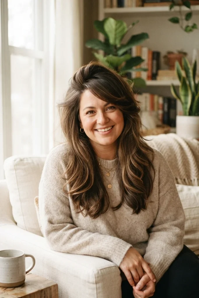 Woman with a round face shape and voluminous layered hairstyle smiling at home