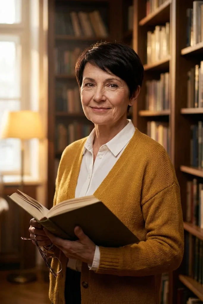 Rounded ear-length dark brown pixie cut with a soft fringe on a smiling woman over 50 holding a book in a library