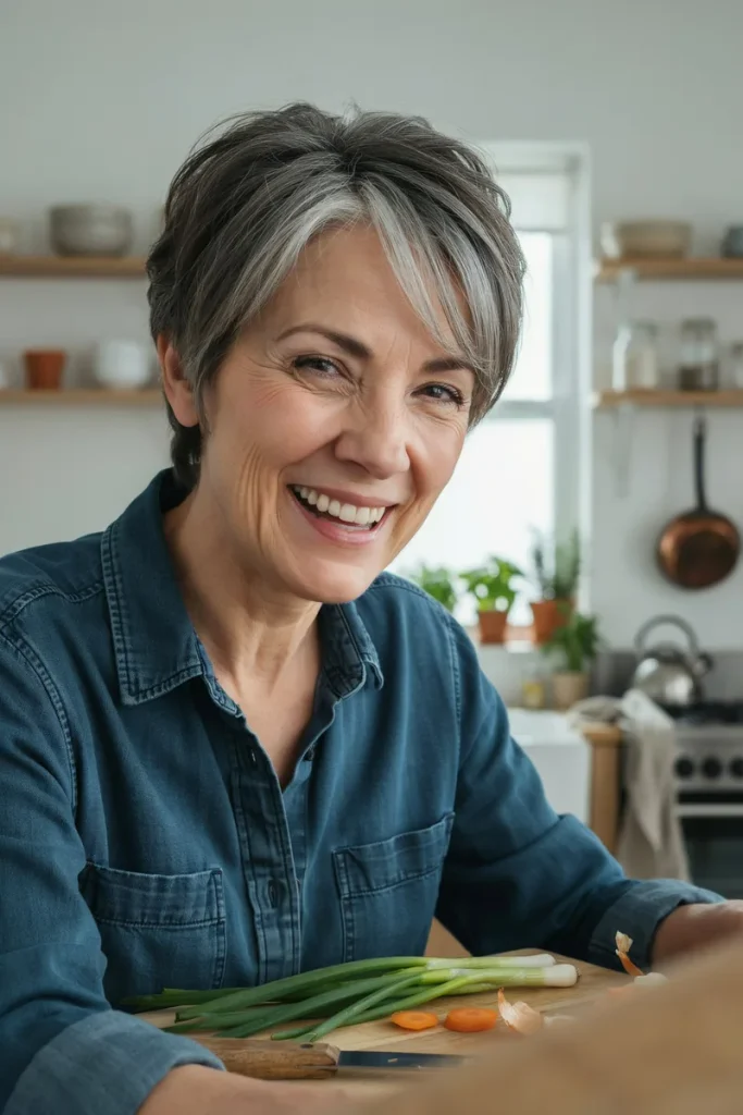 Salt-and-pepper pixie cut with mixed dark and gray strands on a laughing woman over 50 cooking in a bright kitchen