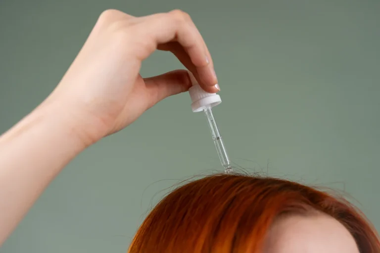 Close-up of a dropper applying scalp treatment serum directly to the roots at the hairline