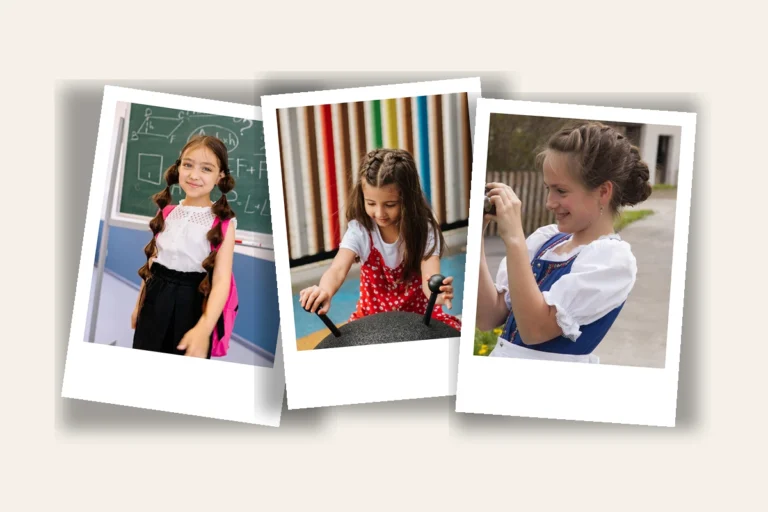 School hairstyles for kids including pigtails, French braids, and a braided crown
