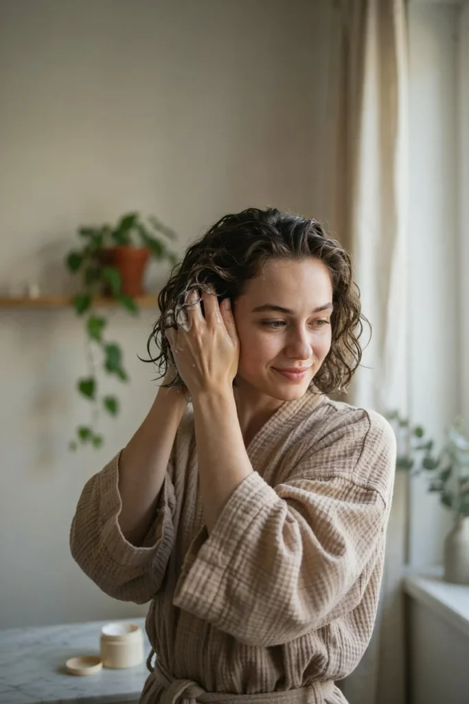 Woman scrunching curl cream into wavy bob hair for no-heat texture