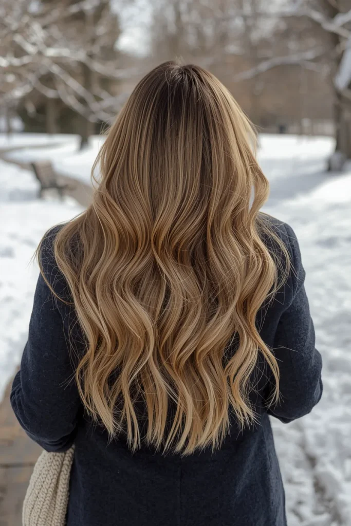 Blonde balayage with a soft darker shadow root on long waves, woman in a navy coat in a snowy park