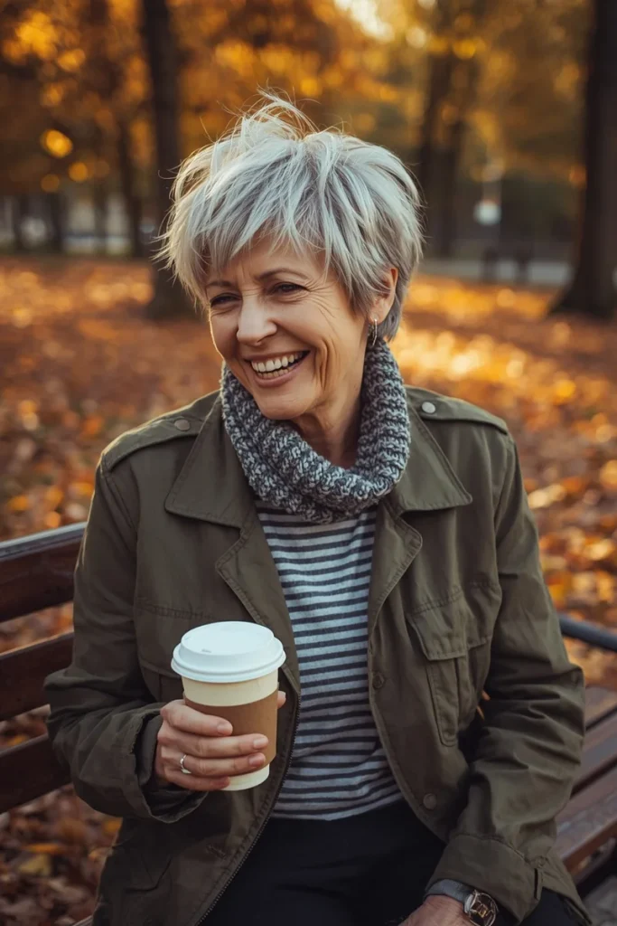 Shaggy silver-blonde pixie cut with choppy flicky layers on a laughing woman over 50 holding coffee on an autumn park bench