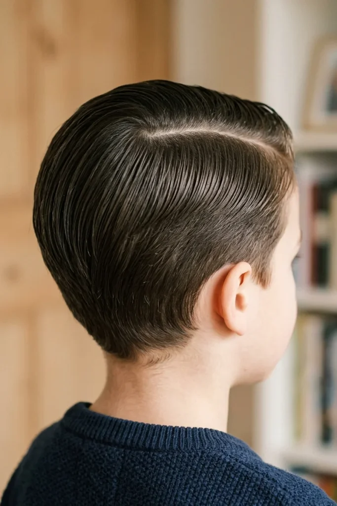 Young boy's hair styled with a sharp defined side part