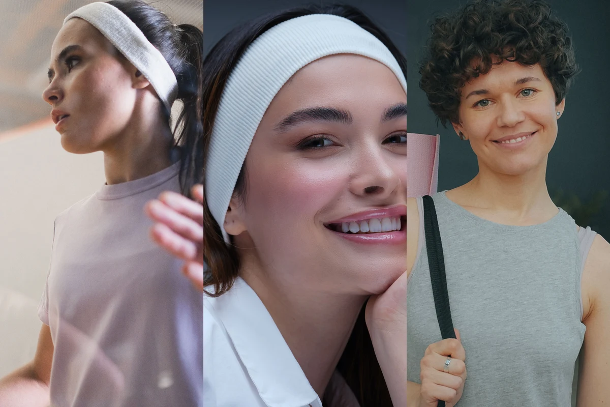 Short hair workout styles including headband push-back and pixie cut