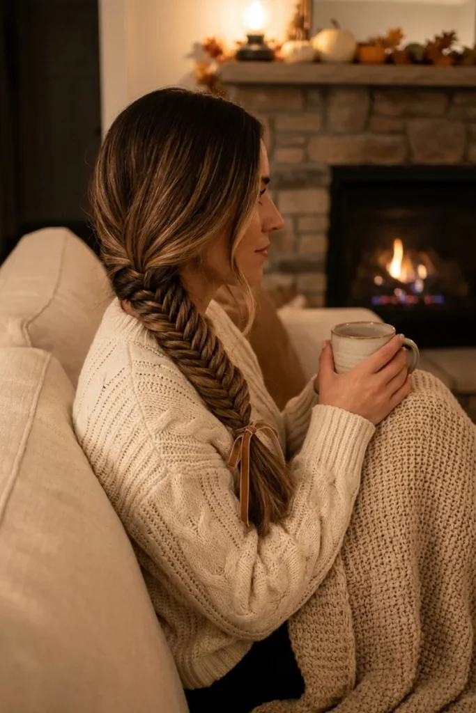 Side-swept fishtail braid with caramel balayage and a ribbon tie, woman with a mug on a sofa by a fireplace