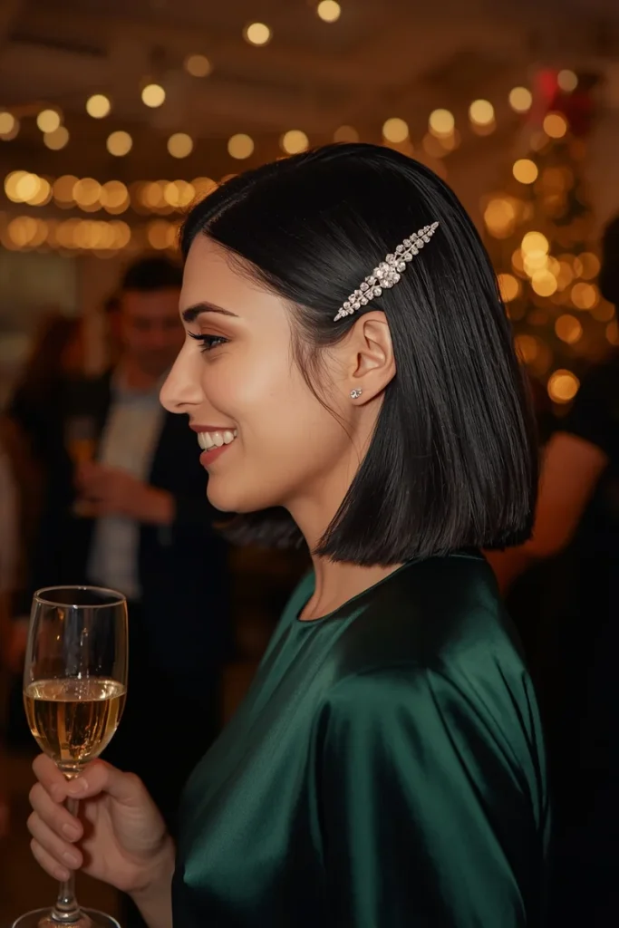 Sleek black bob with a deep side part and a slim crystal barrette, smiling woman holding sparkling wine at an office holiday party
