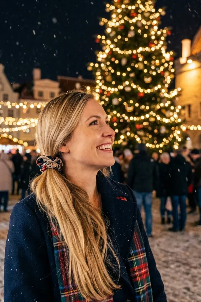 Low side ponytail with a patterned scrunchie on wavy blonde hair, smiling woman in a navy coat at a snowy outdoor Christmas market