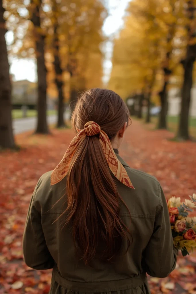 Mid-height ponytail wrapped with a knotted silk scarf, woman walking on a path covered in autumn leaves