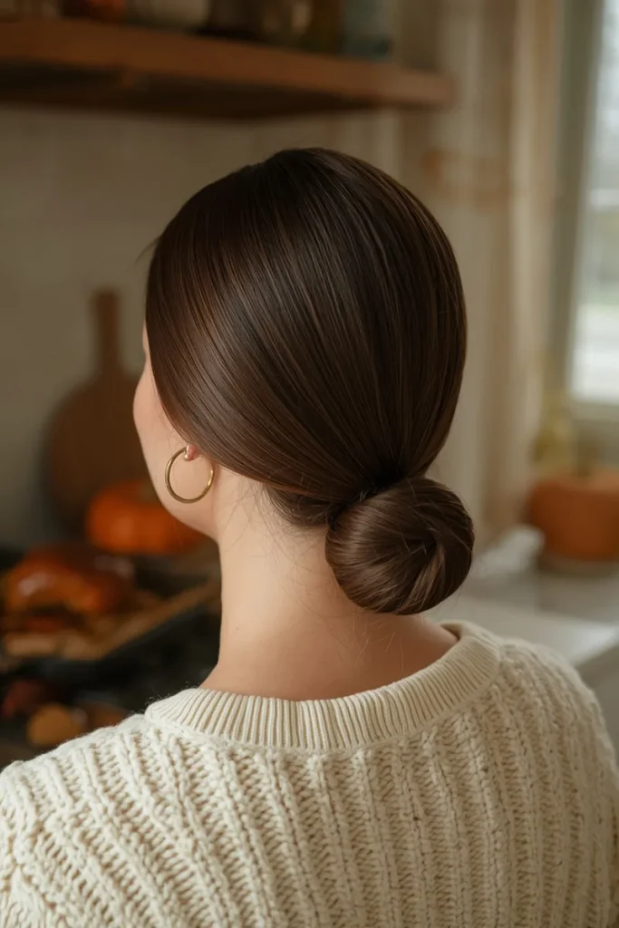 Sleek low bun on smooth brown hair with a gold hoop earring in a cozy Thanksgiving kitchen