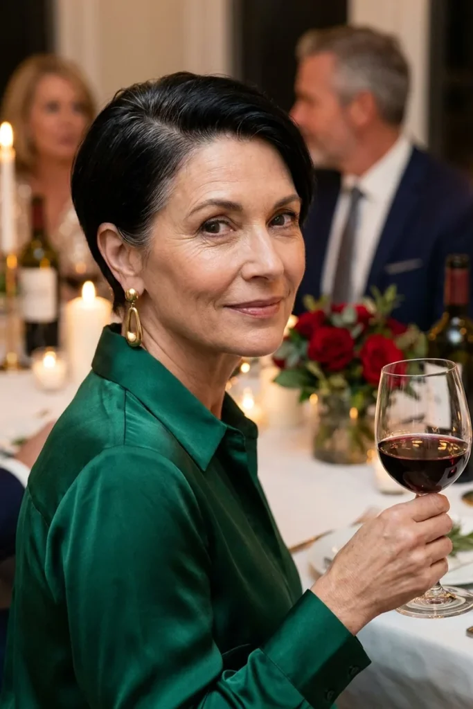 Sleek side-part black pixie cut with silver at the temples on a woman over 50 in an emerald silk blouse at a candlelit dinner party