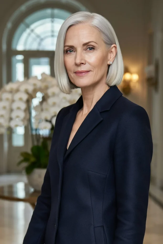 Sleek jaw-length silver bob with a deep side part and glossy finish on a woman over 50 in a navy coat in a hotel lobby