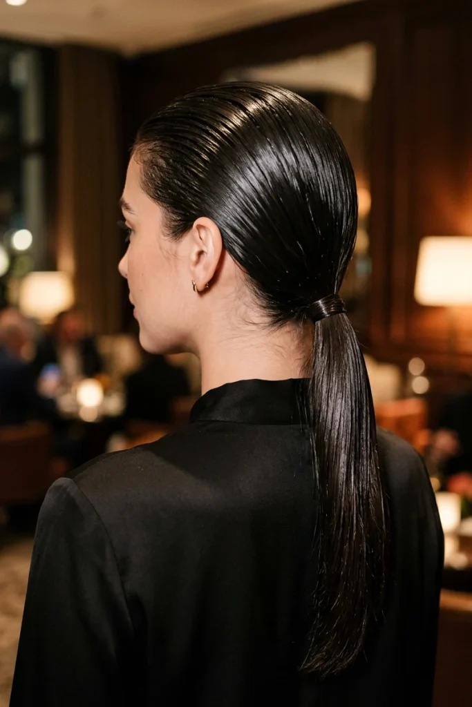 Sleek slicked-back wet-look hairstyle gathered into a low ponytail