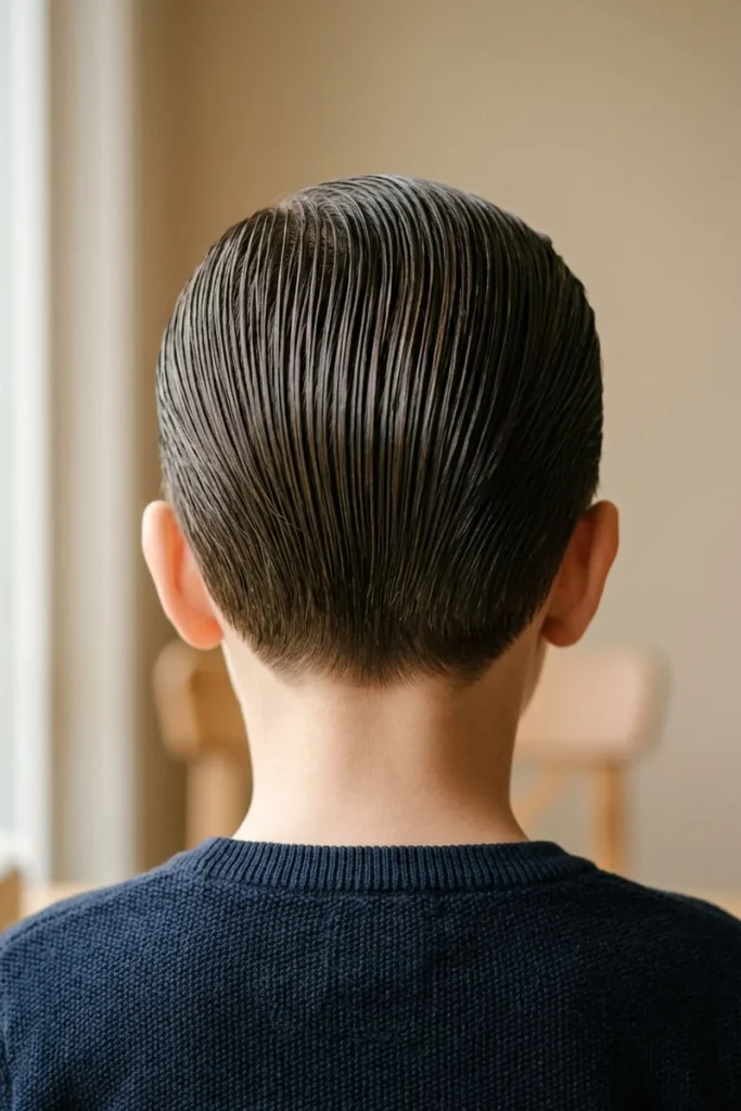 Young boy's hair slicked back with strong-hold pomade for a clean finish