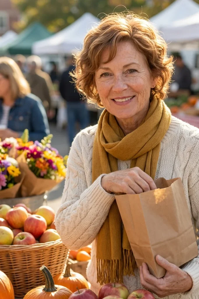 Soft wavy auburn pixie cut with copper glints on a smiling woman over 50 holding a paper bag at a fall farmers market