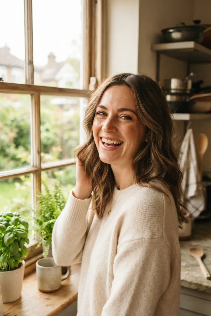 Woman with a square face shape and soft wavy layered hair laughing in a sunlit kitchen