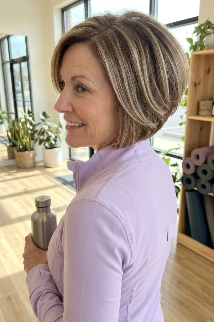 Stacked bob with crown lift and soft graduation at the nape in dark blonde on a smiling woman over 50 in a yoga studio