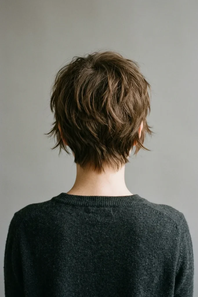 Classic short shag haircut, back view, textured layers around crown and ears