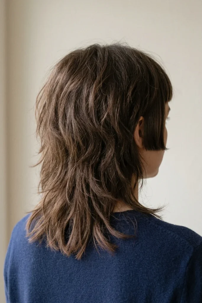 Shaggy layered haircut with blunt-cut fringe, angled back view, textured medium-length layers