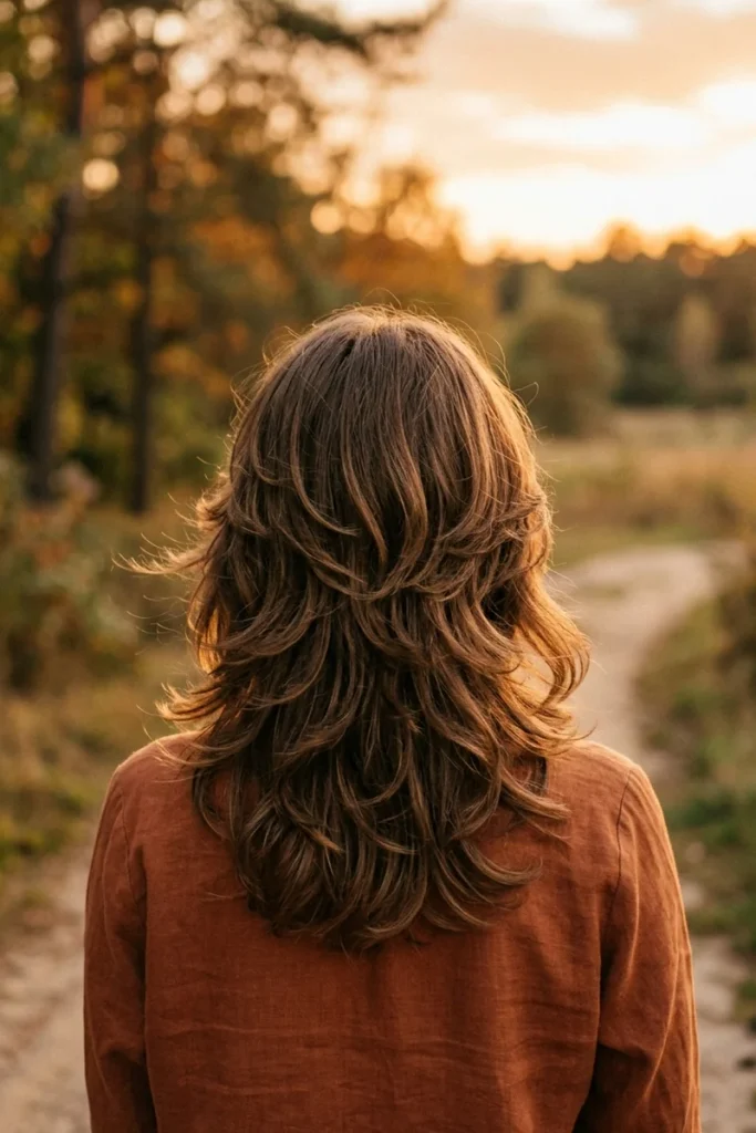 Classic feathered shag haircut, back view, tiered layers with outward-turning ends in golden light