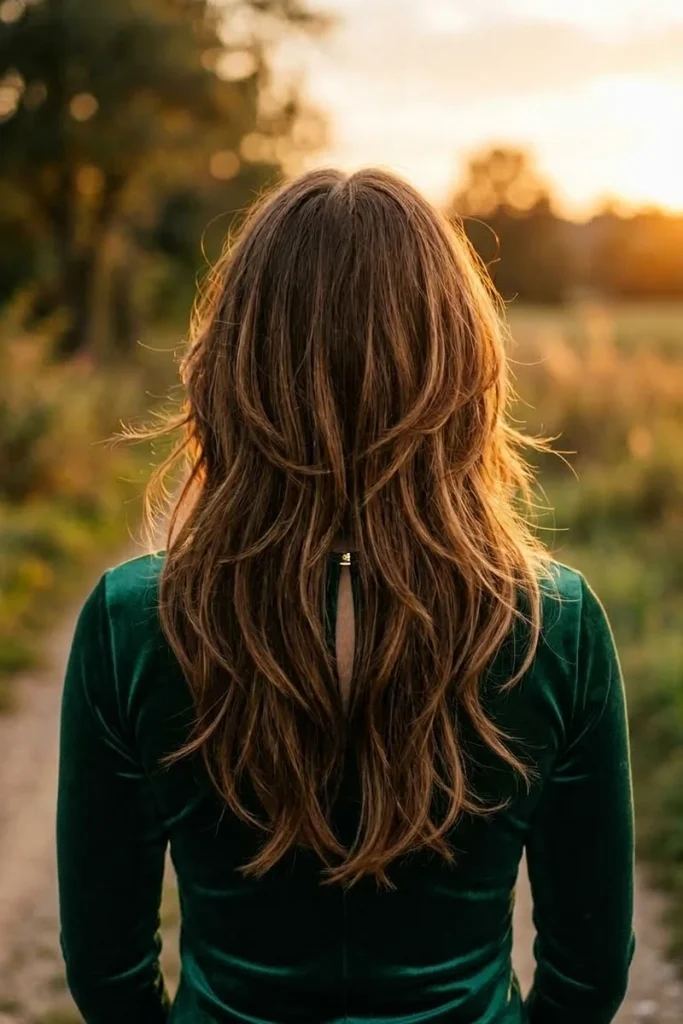 Long shag haircut with curtain bangs, back view, center part with face-framing layers