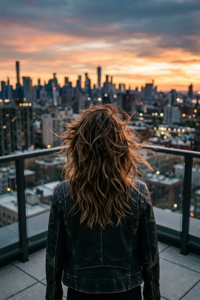Messy rocker shag haircut, back view, windswept tousled layers on city rooftop at sunset