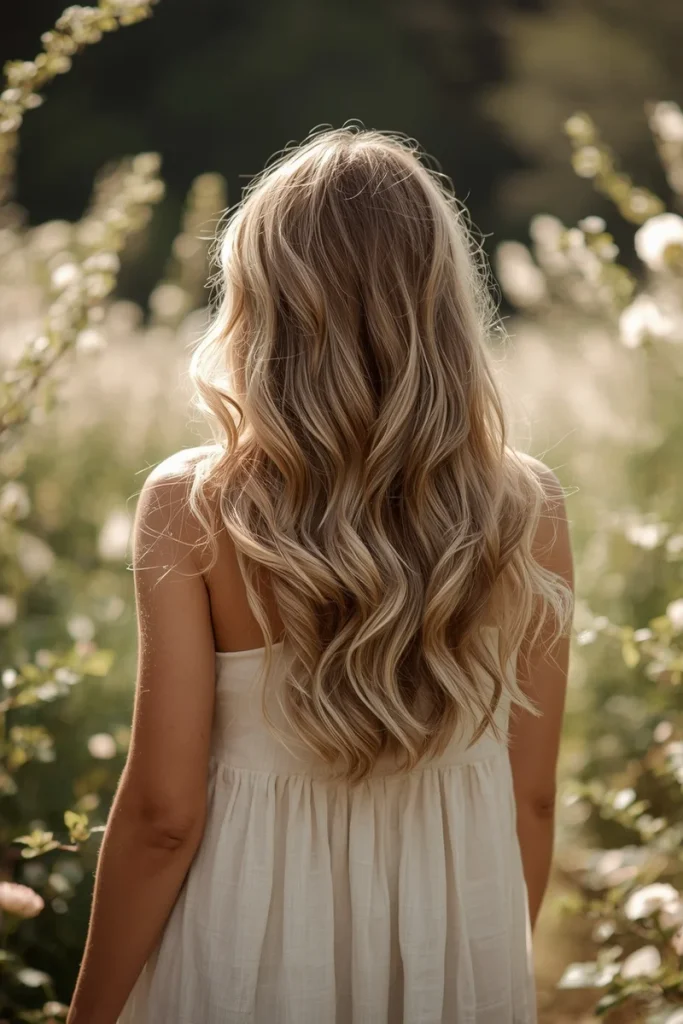 Soft boho shag haircut, back view, loose layered waves in a flower garden