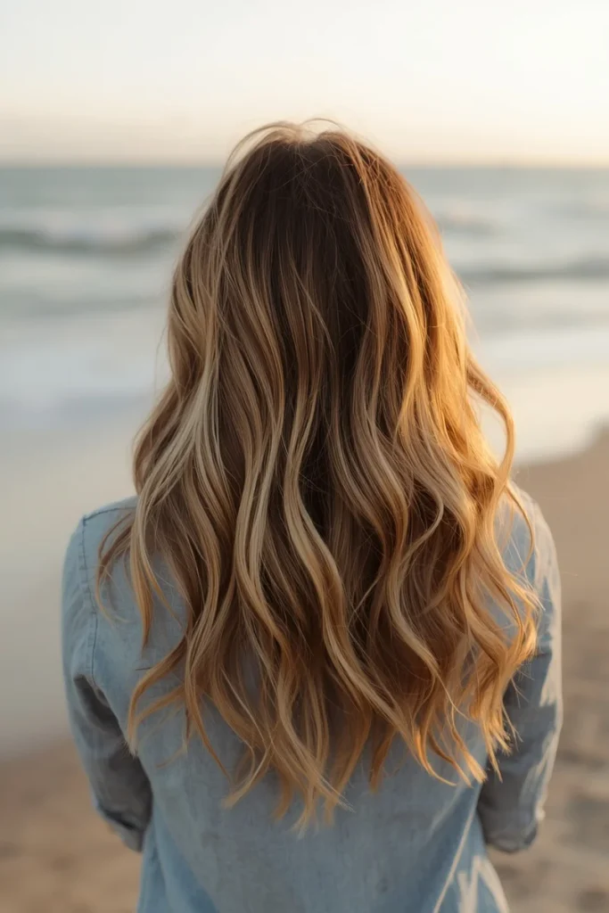 Textured beachy shag haircut, back view, sun-kissed waves at the shoreline