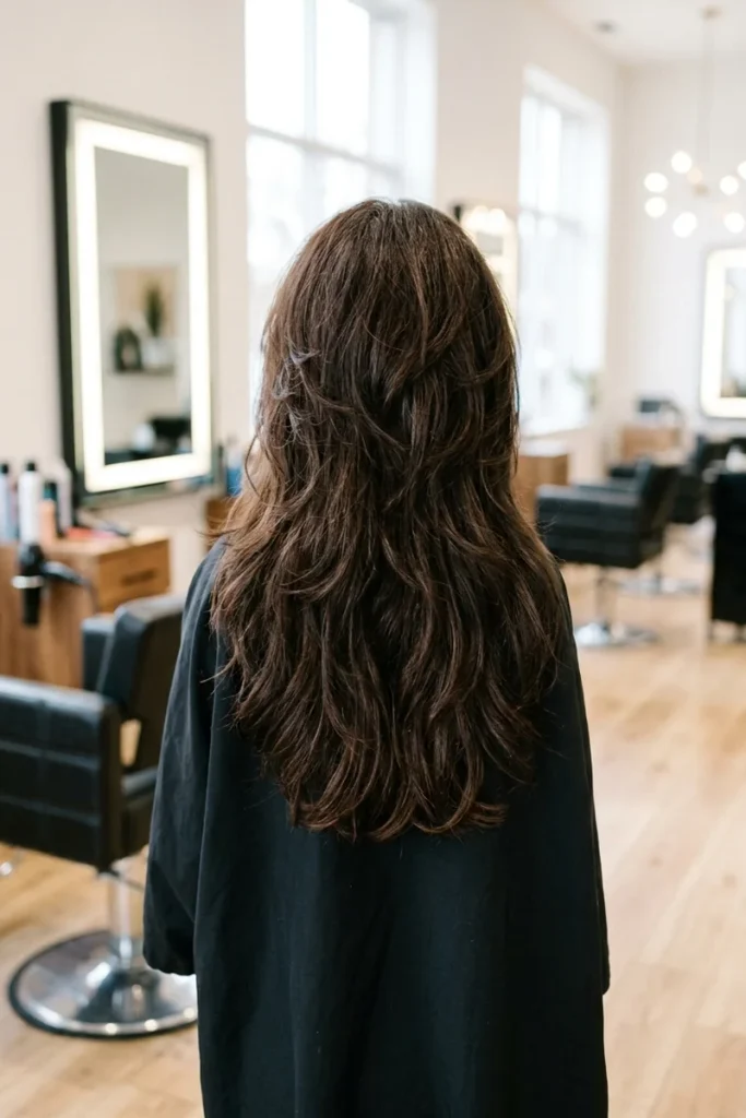 Shag haircut for thick hair, back view, dense voluminous layers in a salon setting
