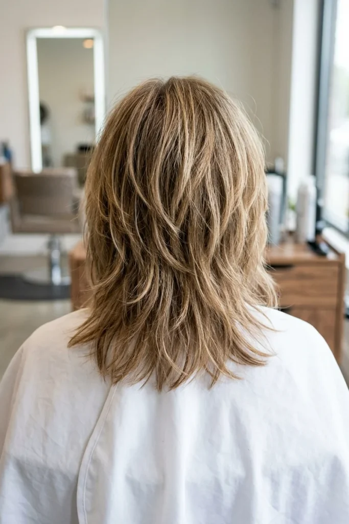 Shag haircut for fine hair, back view, multi-layered texture creating fullness